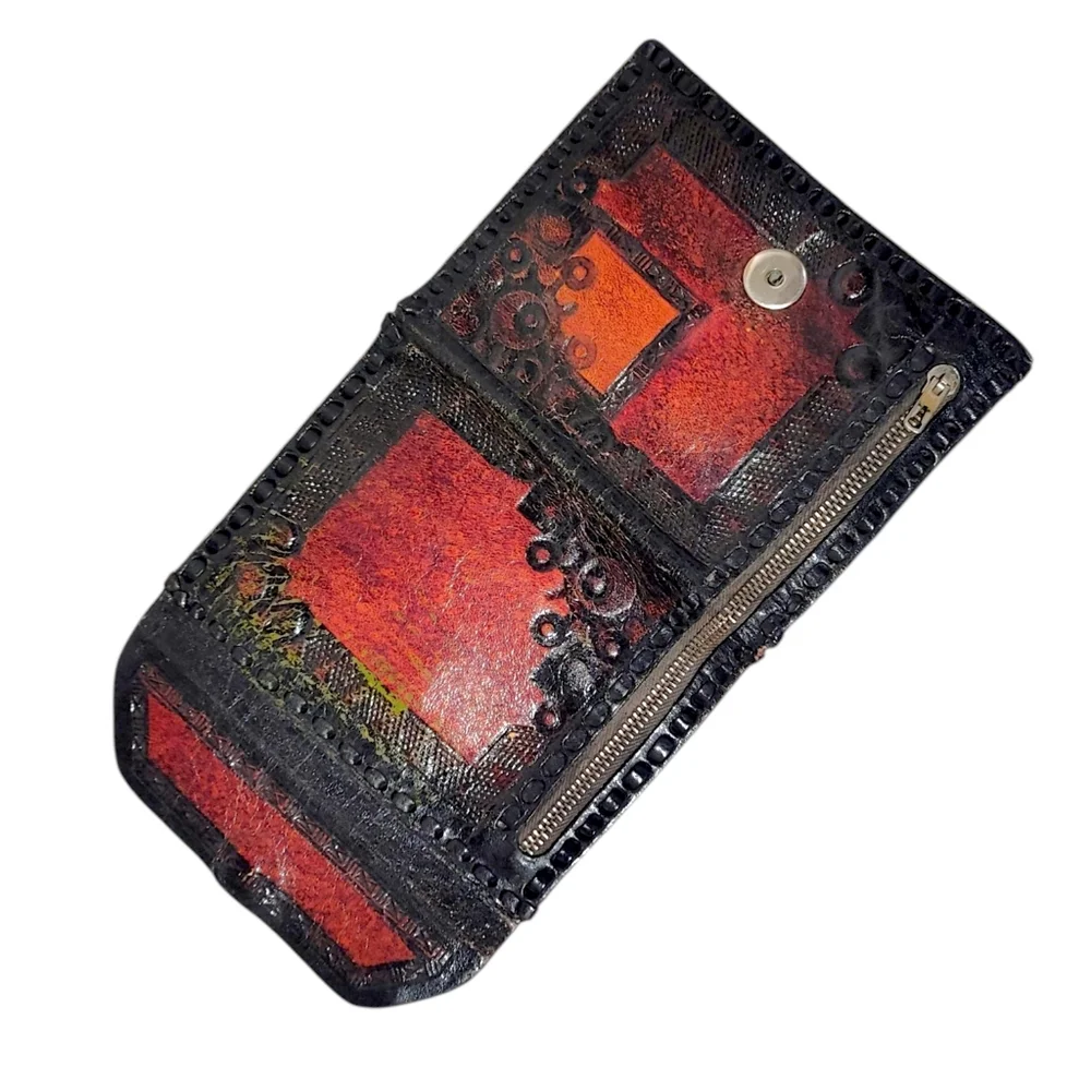 Handcrafted Hand-Tooled Leather Red Orange Bi Fold Western Snap Button Wallet